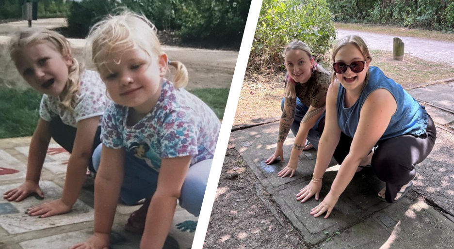 ladies, then and now, charlotte and alison recreate their handprint image