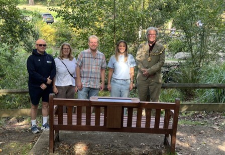 Left to right: Ray Berry, Co-Chair EKSSC, Maria Howdon, Secretary EKSSC, Maidstone Borough Councillor Rob Field, Emily Cowan-Knott, Kent County Council, Mayor of Maidstone, Cllr Brian Clark, at the unveiling of the bench. Credit: Maidstone Borough Council.