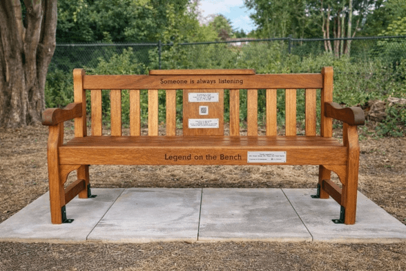 An example of a Legend on the Bench installation with the message: ‘Someone is always listening’